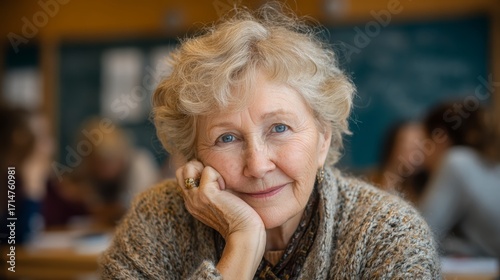 Thoughtful elderly woman smiling with hand on chin in classroom setting