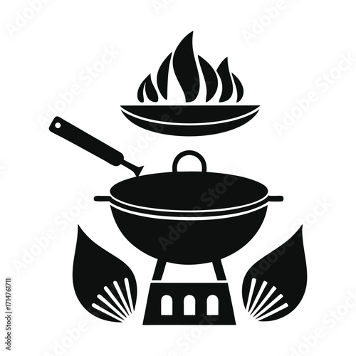 Stylized black silhouette of a wok cooking over an open flame on a stove with flames surrounding the cooking vessel