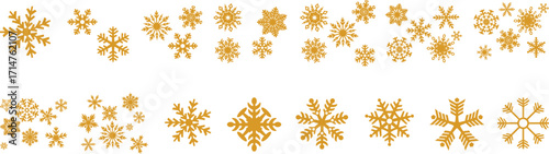 Collection of shimmering golden snowflake illustrations arranged in two horizontal decorative borders on a clean white background