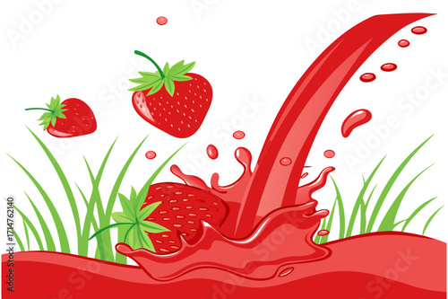 Fresh Strawberries Splashing in Juice Vector Illustration