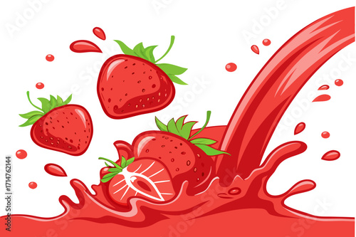 Fresh Strawberries Splashing in Juice Vector Illustration