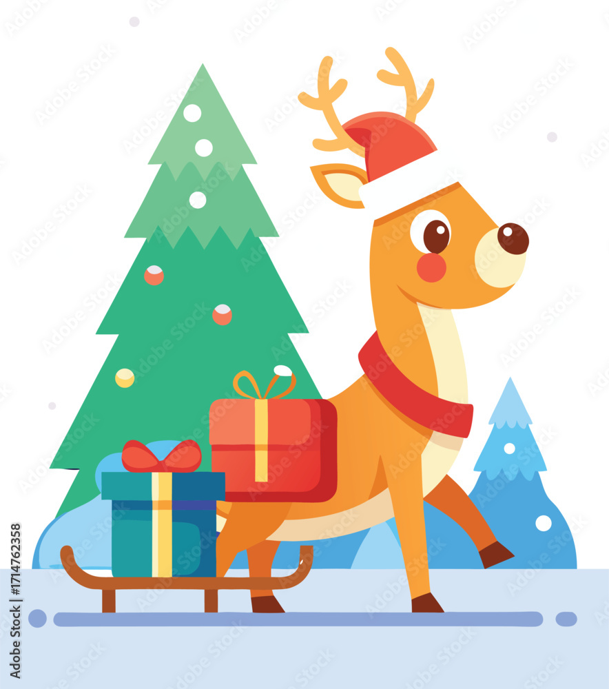 Naklejka premium Cute reindeer pulling a sleigh full of christmas gifts