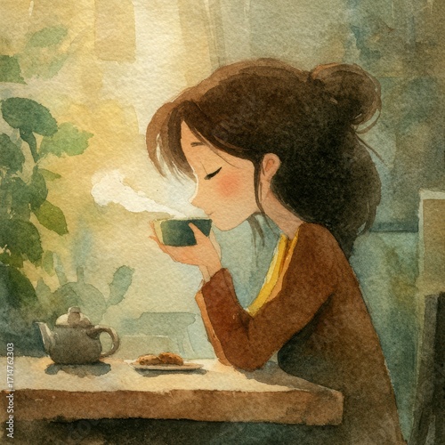 Woman in Cozy Room Enjoying Warm Drink with Steaming Cup and Tea