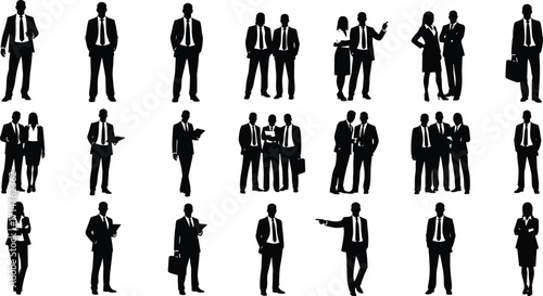 Business professionals silhouette set, corporate attire, teamwork, communication, leadership