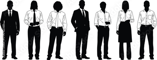 Business professionals silhouette set, formal attire, workplace diversity, career posture, office fashion, standing pose, corporate identity