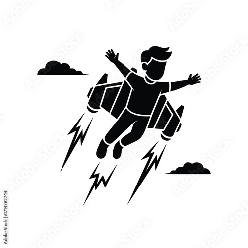Joyful child flying through the sky with a jetpack and lightning