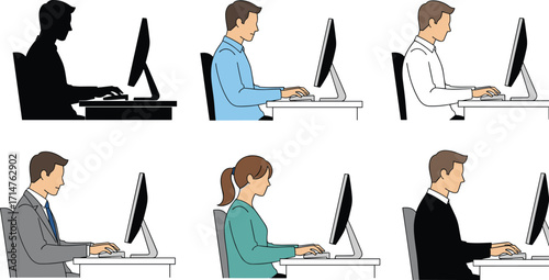 Business Professionals Working at Desks with Computers Representing Office Diversity, Productivity, Ergonomics, and Workplace Focus in Vector Illustration Style
