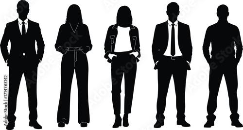 Business silhouettes, diverse attire, formal and casual outfits, professional standing poses, workplace fashion, career identity, inclusion, office style, corporate diversity