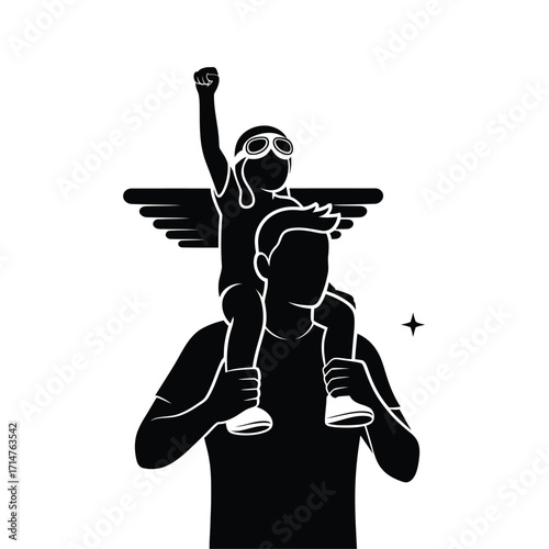 Father carries child on shoulders with wings and goggles symbolizing dreams and imagination