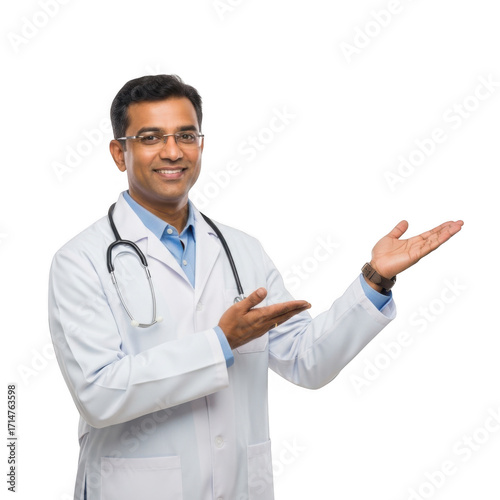 Wallpaper Mural Smiling indian doctor wearing a white lab coat and stethoscope gesturing with both hands towards an unseen area isolated on transparent background Torontodigital.ca