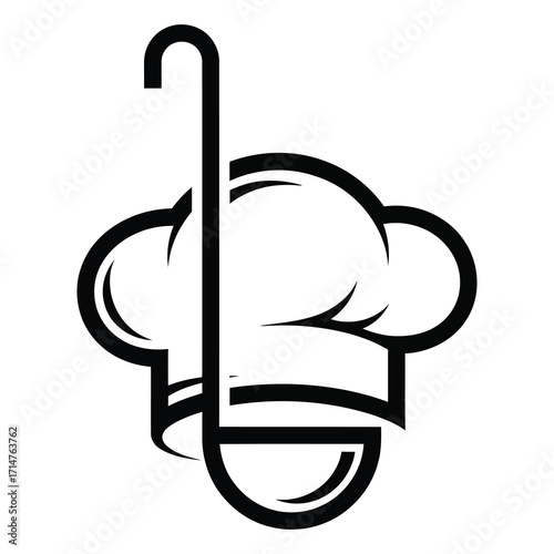 Black chef hat and ladle icon on white background cooking graphic food