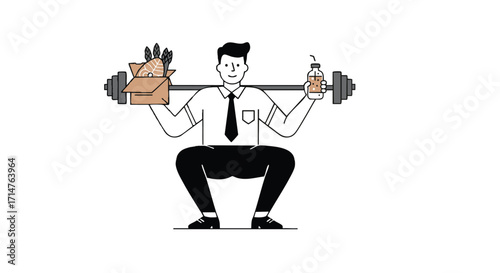 Businessman performing a squat with a barbell loaded with grocery bags and a water bottle, representing healthy lifestyle and work-life balance