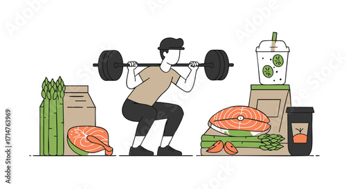 Healthy lifestyle An illustration of a person weightlifting, surrounded by nutritious food for fitness and wellness