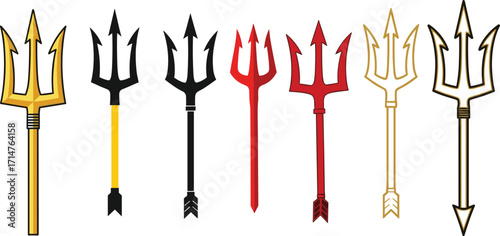 Stylized trident vector set with varied colors, wrapped grips, symmetrical design for mythology, fantasy weapon, iconography, and graphic illustration