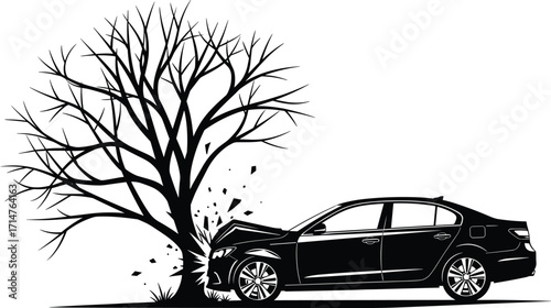 Car crash silhouette, vehicle accident impact, tree collision, road safety concept, dramatic crash scene, transportation hazard, emergency, insurance, traffic risk, danger