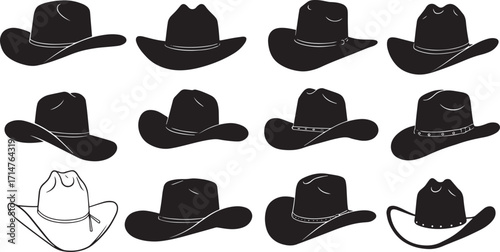 Vector set of cowboy hats in black silhouette style isolated on transparent background