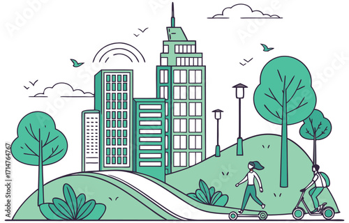 City park illustration with tall buildings and greenery background