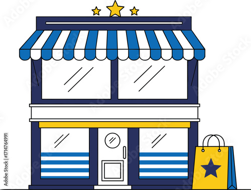 Cartoon Storefront with Awning, Stars, and Shopping Bag Representing Retail Business, Branding, Customer Experience, and Commercial Identity in Vector Style