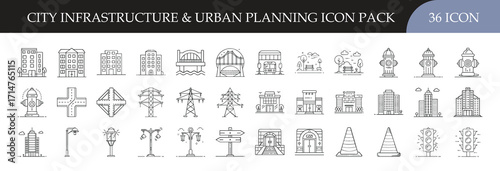 City Infrastructure and Urban Planning Outline Icon Pack - Collection of 36 line icons featuring buildings, transport, utilities, and public services, perfect for urban planning, architecture