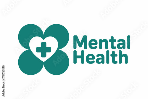 Mental Health Awareness Symbol Green Cloverleaf with Heart and Plus Sign for Wellbeing and Support Initiatives