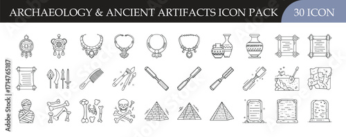 Archaeology and Ancient Artifacts Line Icons Set - Collection of 30 outline icons featuring ancient artifacts, tools, pottery, pyramids, scrolls, ruins, and archaeology symbols for history