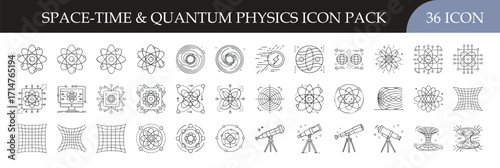 Space Time and Quantum Physics Line Icons Set - Set of 36 outline icons illustrating quantum physics, atoms, molecules, relativity, spacetime, telescopes, and scientific research concepts for projects