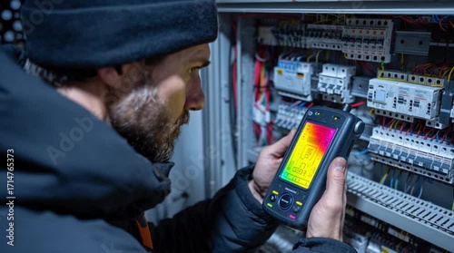 Electrician uses a thermal camera to diagnose a complex electrical panel, revealing a single overheating breaker glowing bright yellow, highlighting fault detection, safety, and preventive maintenance