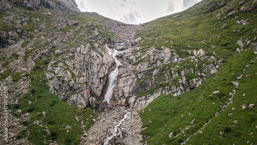 The aerial view of Barskoon Waterfall in Kyrgyzstan