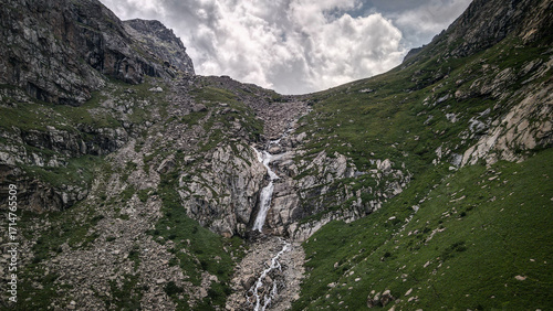 The aerial view of Barskoon Waterfall in Kyrgyzstan