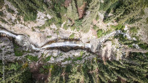 The aerial view of Barskoon Waterfall in Kyrgyzstan