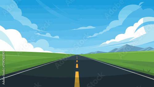 Open Road Journey Through Rolling Green Fields Under a Bright Blue Sky with Fluffy Clouds Depicts Travel and Freedom