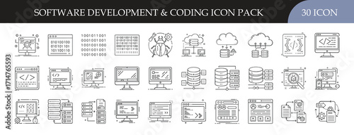 Software Development and Coding Outline Icon Pack - Collection of 30 line icons featuring programming, coding, databases, servers, and cloud computing, perfect for web development, IT, and tech