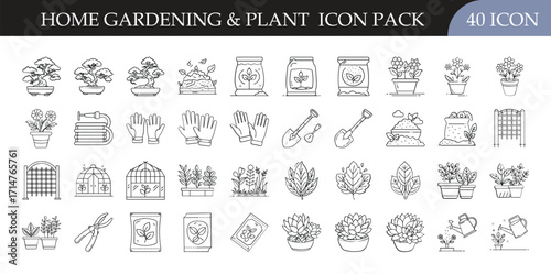 Home Gardening and Plant Outline Icon Pack - Collection of 40 line icons showcasing potted plants, flowers, tools, seeds, and gardening essentials, perfect for landscaping, farming, and eco projects.
