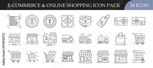 Ecommerce and Online Shopping Line Icons Set - Set of 24 outline icons illustrating ecommerce, online shopping, payments, delivery, retail stores, carts, and digital marketplace essentials.
