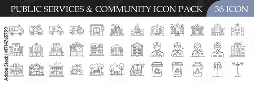 Public Services and Community Line Icons Pack - Collection of 36 outline icons representing community buildings, public services, institutions, infrastructure, and urban facilities for design