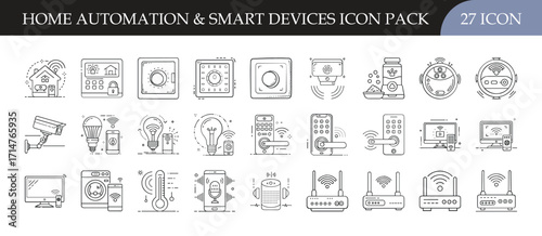 Smart Home Automation and Device Icons Set - Collection of 27 modern line icons featuring smart home technology, automation, security, connected devices, energy management, and digital lifestyle tools