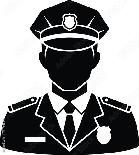Police officer silhouette in formal uniform, shoulder-up portrait with cap and badges, vector illustration for law enforcement, authority, and public safety themes
