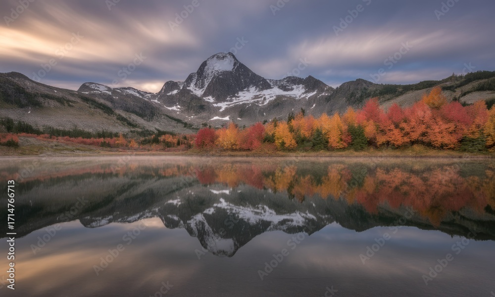 Obraz premium Mountain lake mirrored in calm water, autumn foliage