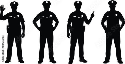 Police officer silhouettes in uniform, four distinct poses with gesture and stance variations, law enforcement vector for authority, security, and public safety