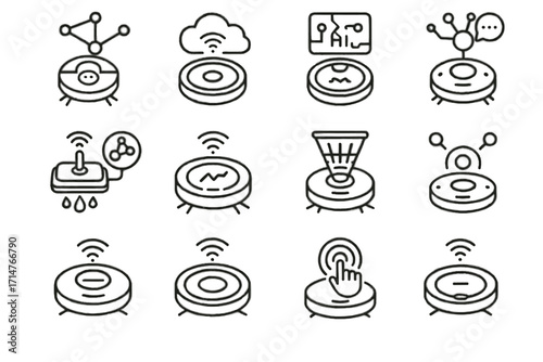 Vector automated mop programmable device icons interactive cleaning icon connected robot floor
