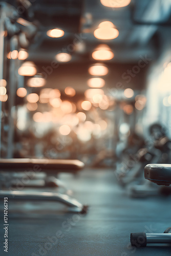Atmospheric Gym Background with Warm Bokeh Lights and Workout Equipment in Shallow Focus.