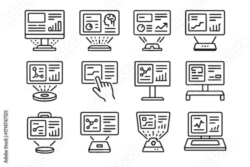 Icon display office virtual hologram screen projection connected vector interactive touchscreen icons