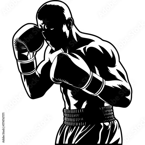 Shadow Boxer: A powerful boxer in silhouette, poised in a fighting stance, embodying strength and determination. The image captures the essence of combat and the athlete's focus and commitment.