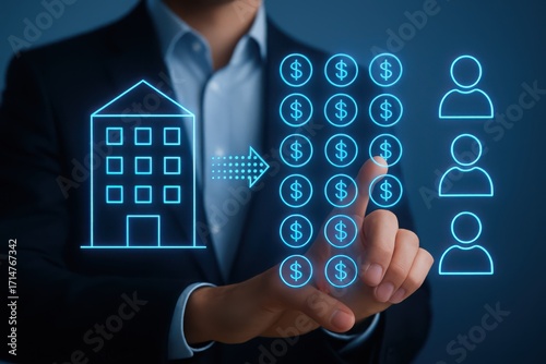 Businessman interacting with digital interface showing company growth and employee management