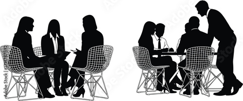 Silhouette business meeting with presenter and seated teams, corporate collaboration, professional discussion, teamwork concept, black vector illustration, office interaction