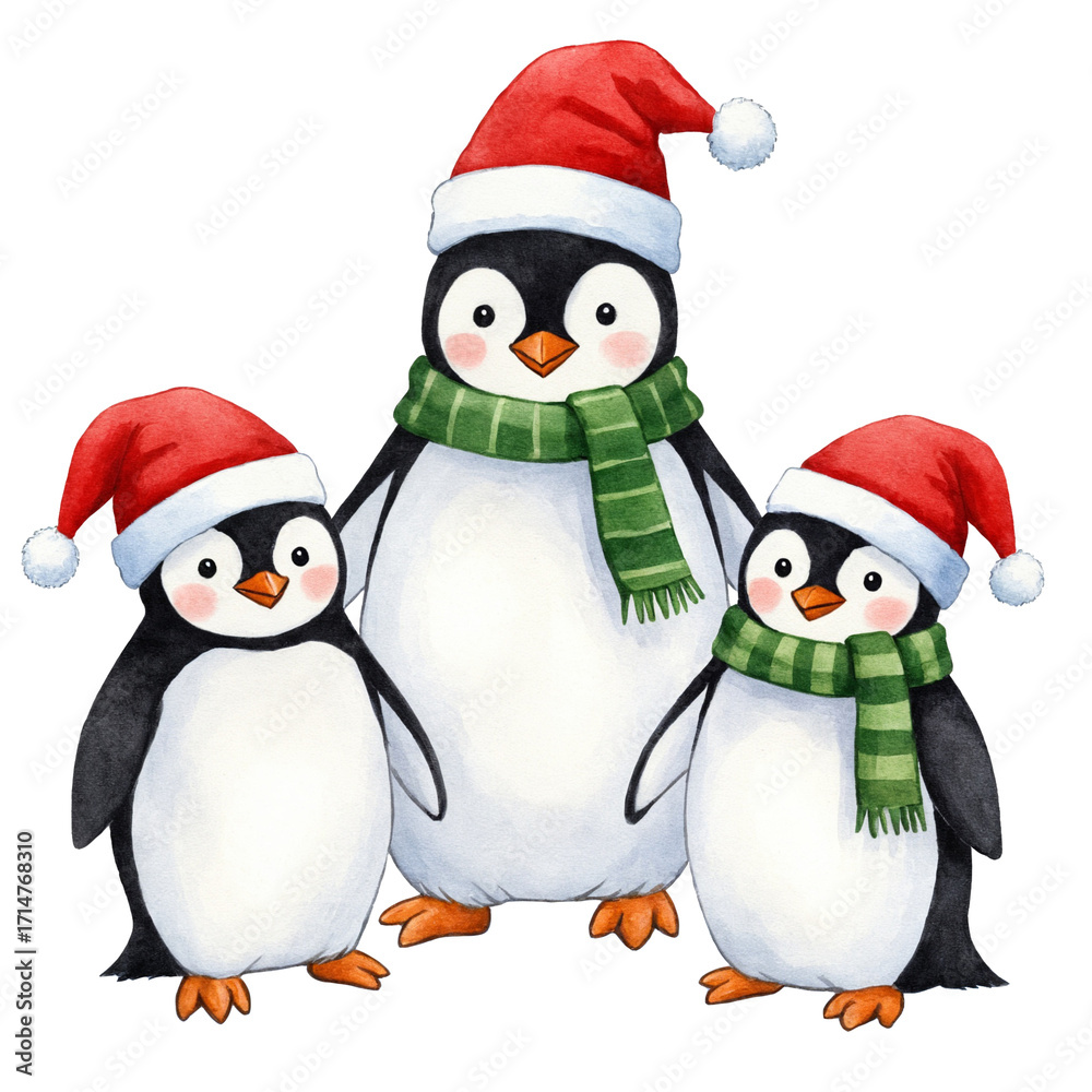 Fototapeta premium Christmas penguin family watercolor cute winter holiday animals illustration