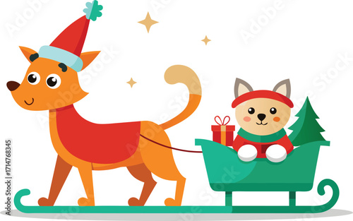 Cute cartoon fox pulling a sleigh with a dog and gifts