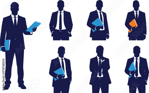 Silhouette businessmen holding colored folders, corporate professionals in suits, office team concept, business attire, vector illustration, leadership and documentation