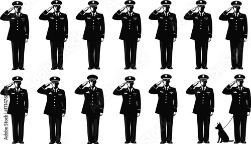 Silhouette grid of saluting soldiers in uniform, military discipline and repetition, final figure with dog, vector illustration, isolated on white background
