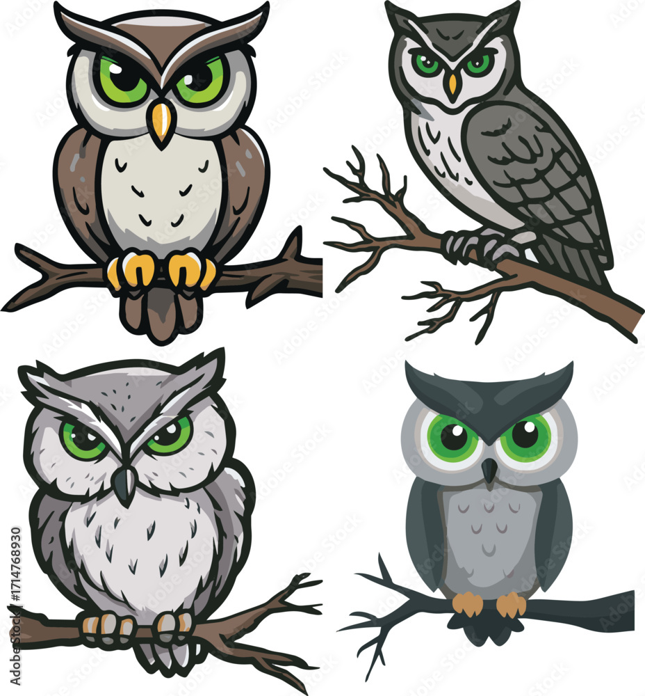 Fototapeta premium Four different owl illustrations silhouette
